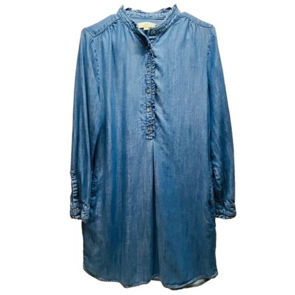 Loft Half Button Shirt Dress Women's Medium Blue Denim Chambray Long Sleeve Guc
